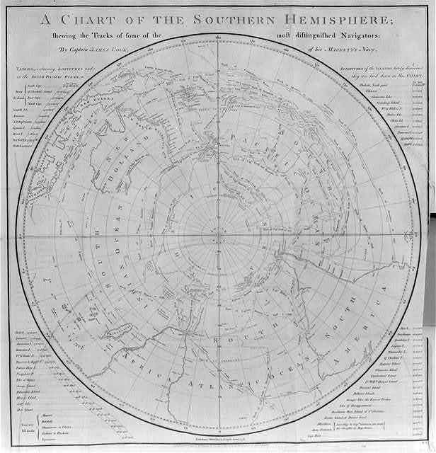 Library of Congress black-and-white film-copy reproduction of Cook’s 1777 southern hemisphere chart