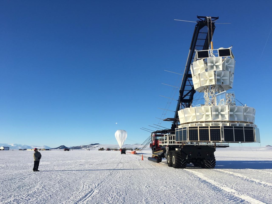 The real ANITA neutrino experiment being launched from Antarctica. Instrument context, not evidence of a backward-time universe.