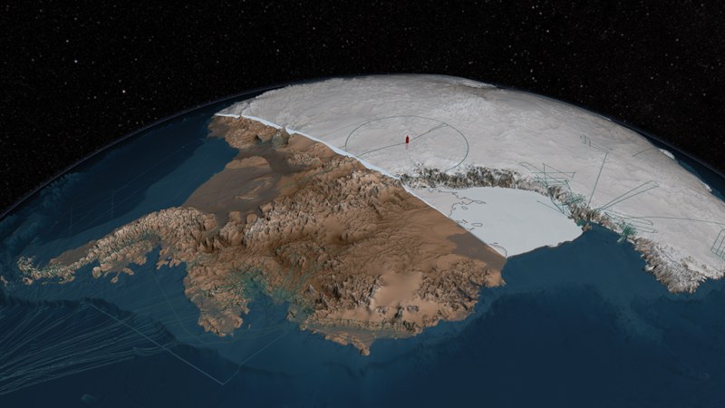 Scientific visualization of Bedmap2 bedrock and ice layers (2013). This is a data-derived reconstruction, not a photograph of an ice-free Antarctic continent.